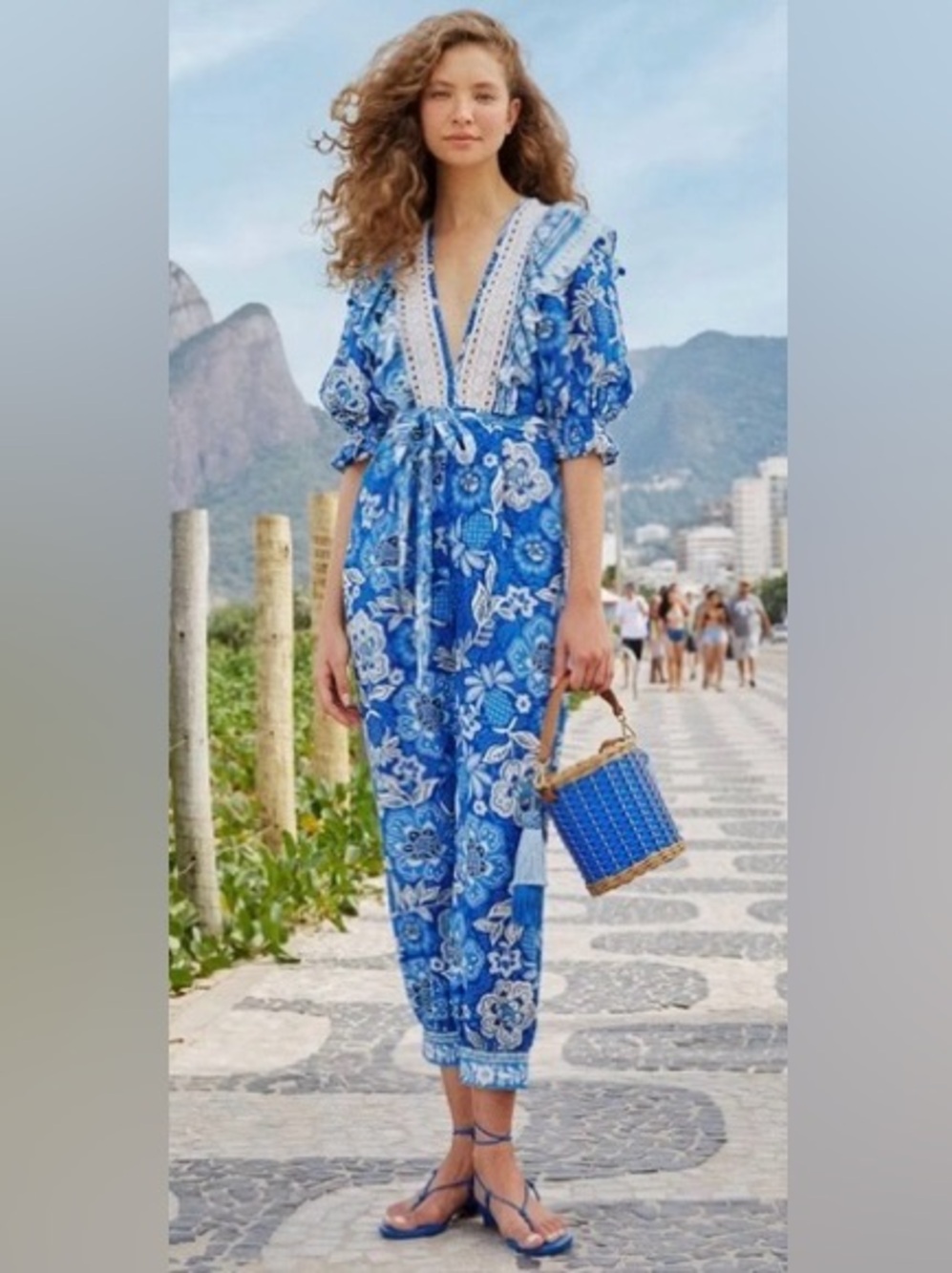 Boho Blue Floral Jumpsuit with Tie Waist Flawed